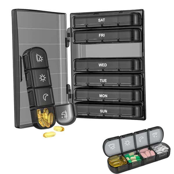 7 - dagars Bärbar 28 Fack Daglig Pill Box Medicin Organizer Svart
