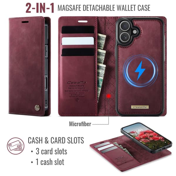 CASEME Til iPhone 16 Lommebokdeksel Magnetisk Avtakbar RFID Beskyttelse - Coffee Red