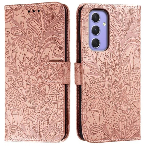 For Samsung Galaxy A16 5G Case Lace Flowers PU Leather Flip Wallet Phone Cover - Rose Gold Gold