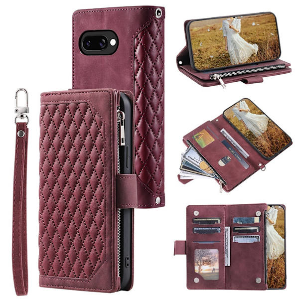For Google Pixel 10a Wallet Case PU Leather Rhombus Pattern with Wrist Strap- Red Red