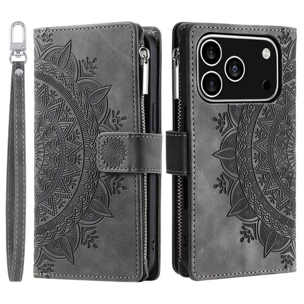 Plånboksfodral kompatibelt med iPhone 17 Pro , Fodral Skal Mandala blommönster - Grå grå