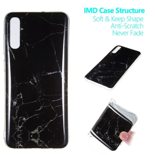 Marble Pattern IMD TPU Soft Back Suojakuori - Samsung Galaxy A70 - Style A Black