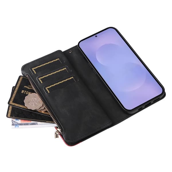 Til Samsung Galaxy S26 Pungcover med Lynlås og Håndledsrem Stander - Sort Black