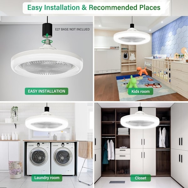 Loftsventilator E27 Roterbar mini blæser lampe fjernbetjening White