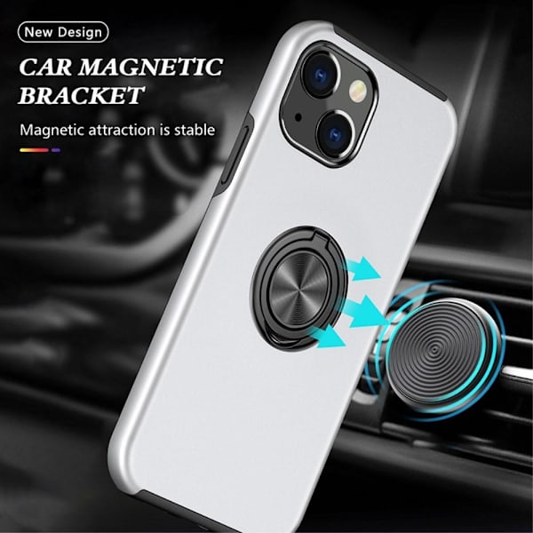 iPhone 14 Finger Ring Kickstand Hybrid Case - Sølv Silver