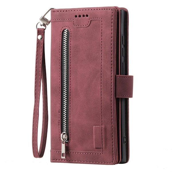 Til Samsung Galaxy S25 Edge Etui med Lynlåslomme og 9 Kortlommer Red