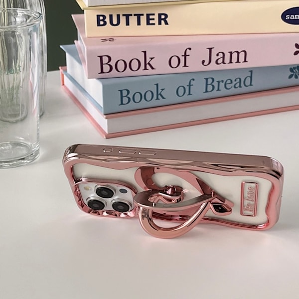 iPhone 15 Pro Max Kotelo Love Heart Kickstand TPU Sähkökullattu Läpinäkyvä Puhelimen Suojakotelo - Vaaleanpunainen Pink