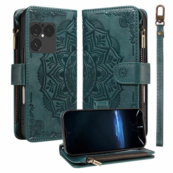 Mandala-präglat Plånboksfodral med Handledsrem till Sony Xperia 1 VIII Grön