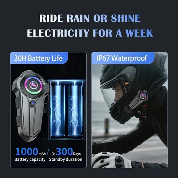 Motorcykelhjelm Bluetooth Intercom Headset IP67 Vandtæt 1000m Rækkevidde Tovejs Black