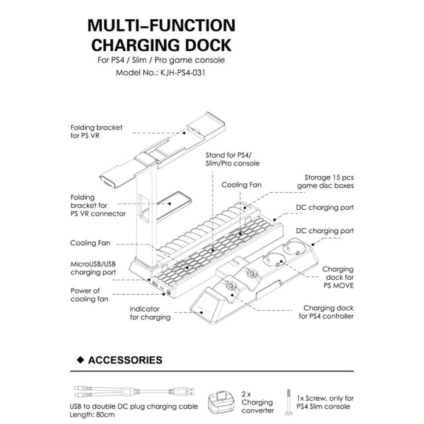 Sony Playstation 4 Slim Pro VR Opladningsstativ Køleventilatorcontrolleroplader Black