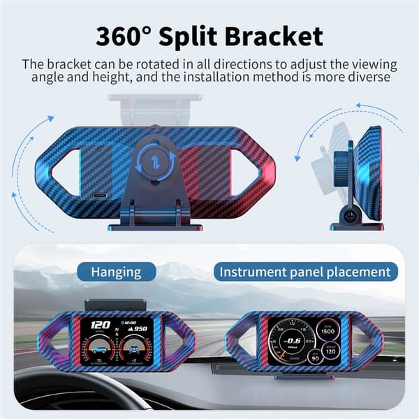 Speedometer med Head-Up Display (HUD), LCD, OBD og GPS – turtall, drivstofforbruk og stigning Blue