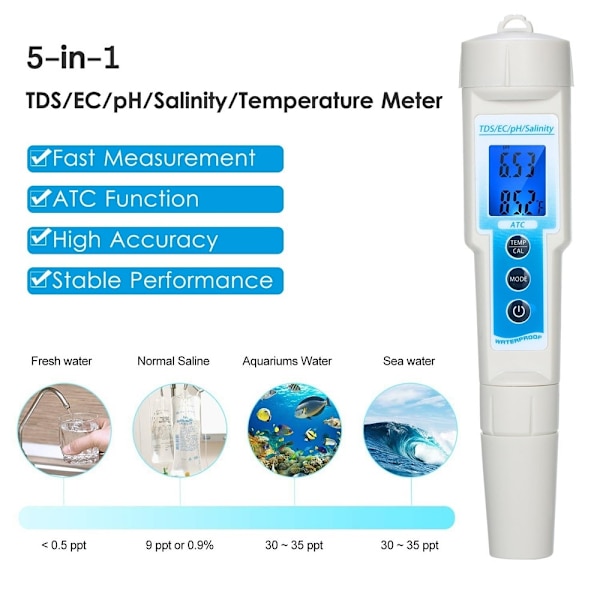 Måler 5-i-1 vandkvalitet / TDS / EC / pH / Salinitet / Temperatur White