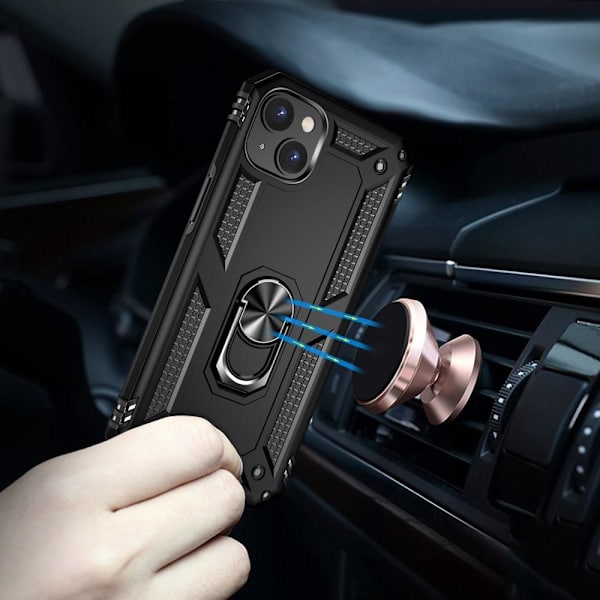 iPhone 14 Iskunkestävä TPU+PC Kickstand Puhelinkotelo Autoon kiinnitettävä metallilevy - musta Black