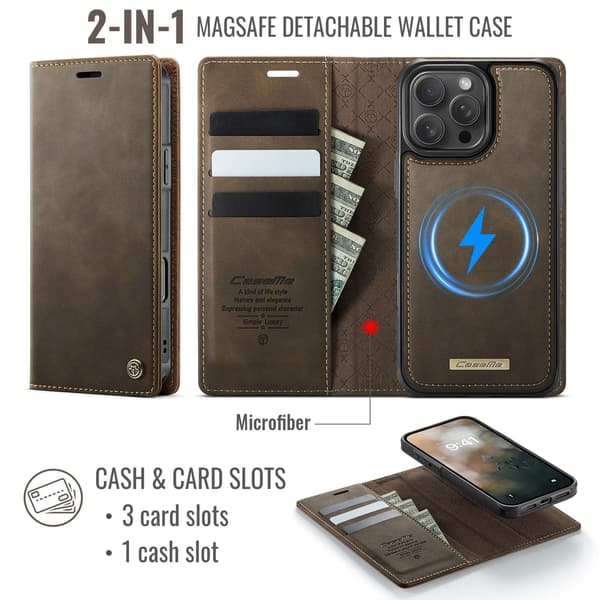 CASEME Til iPhone 16 Pro Lommebokdeksel Magnetisk Avtakbar RFID Beskyttelse - Coffee Brown