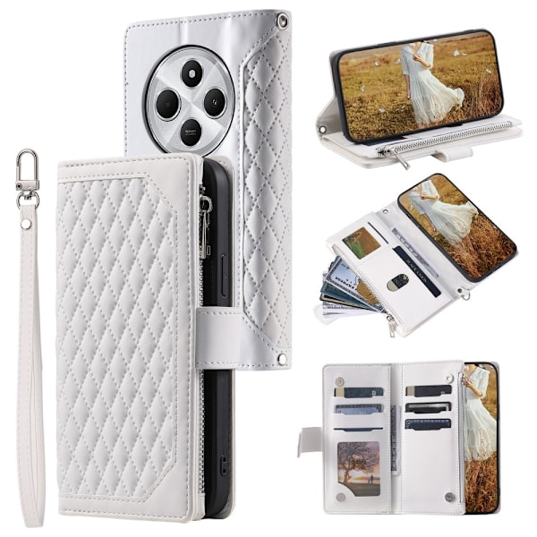 För Xiaomi Redmi 14C Zipper Wallet Case Rhombus Stitching Line Telefonfodral Vit