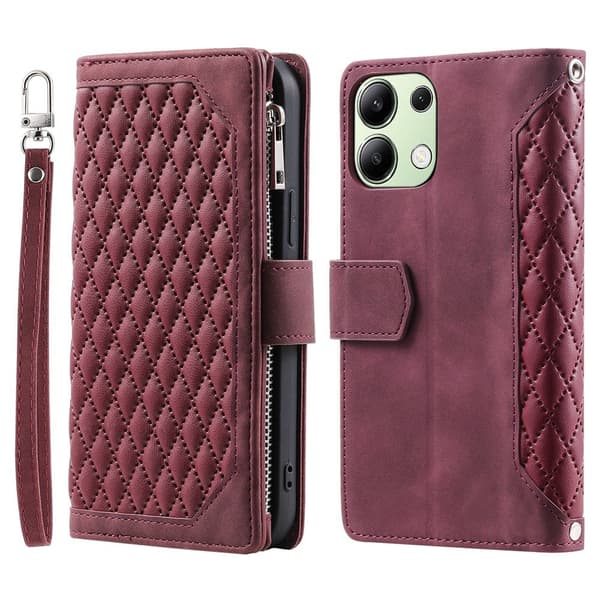 For Xiaomi Redmi 15C Zipper Wallet Case Rhombus Phone Cover Wine red