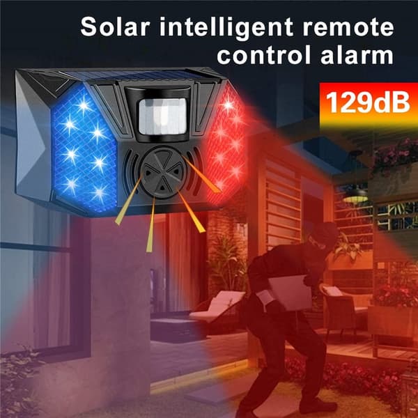 Solcell Rörelsesensor Larm IP65 Vattentät Röd Blå LED Avskräckning Anordning Svart