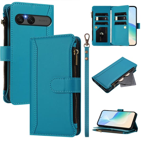 Til Sony Xperia 10 VII Etui med 9 kortpladser, lynlåspung og stativ - Lyseblå Light blue