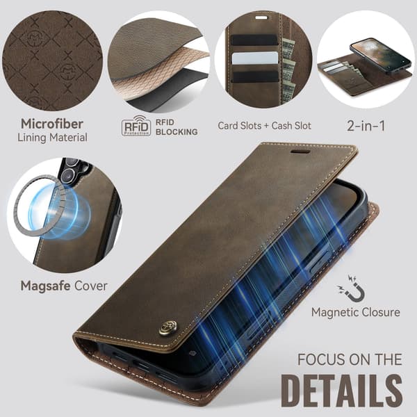 CASEME Til iPhone 17  Lommebokdeksel Magnetisk Avtakbar RFID Beskyttelse - Coffee Brown
