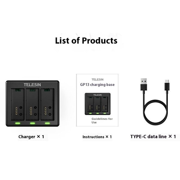 TELESIN S0-BCG-1 Til GoPro Hero 13 Batterioplader Dock Base 3 Opladningsboks Black