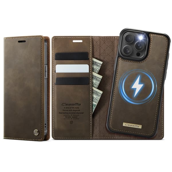 CASEME Til iPhone 15 Pro Max Lommebokdeksel Magnetisk Avtakbar RFID Beskyttelse - Coffee Brown