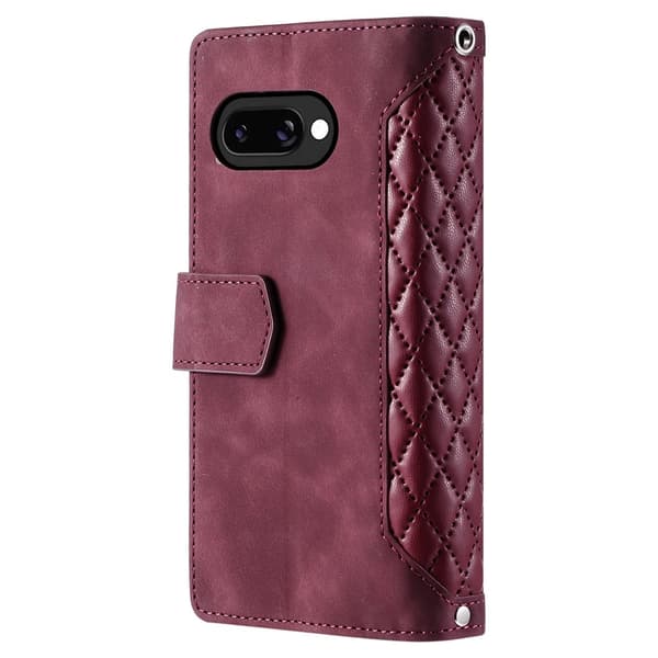 For Google Pixel 10a Wallet Case PU Leather Rhombus Pattern with Wrist Strap- Red Red