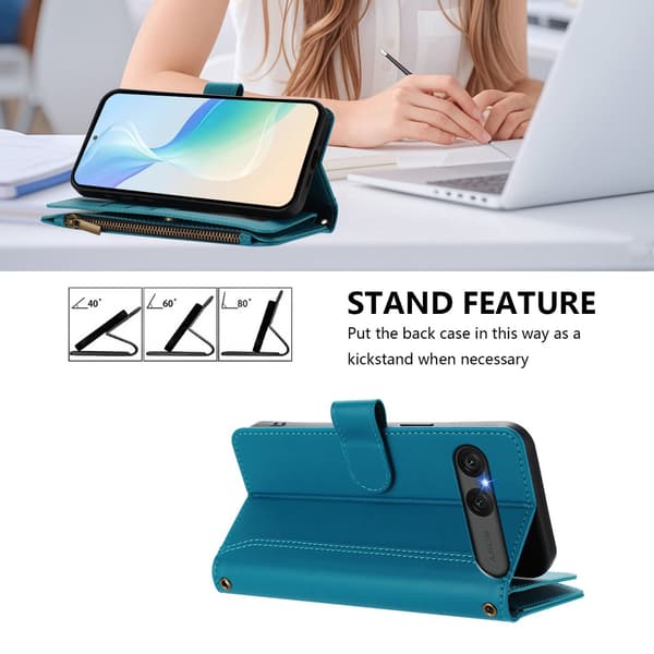 Til Sony Xperia 10 VII Etui med 9 kortpladser, lynlåspung og stativ - Lyseblå Light blue