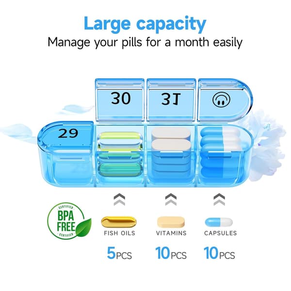 Pill Organizer 32 Compartments Monthly Medicine Box Tablets Pill Box Black