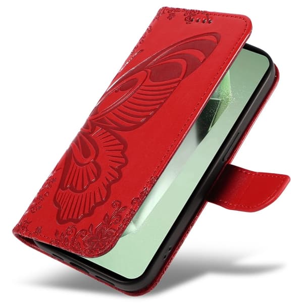 Etui med stativ, lommebok og sommerfuglmønster til Samsung Galaxy S24 FE Red