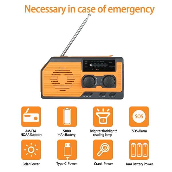 Håndsving Radio Solar Light SOS lommelygte Vejrscanning oplader Orange