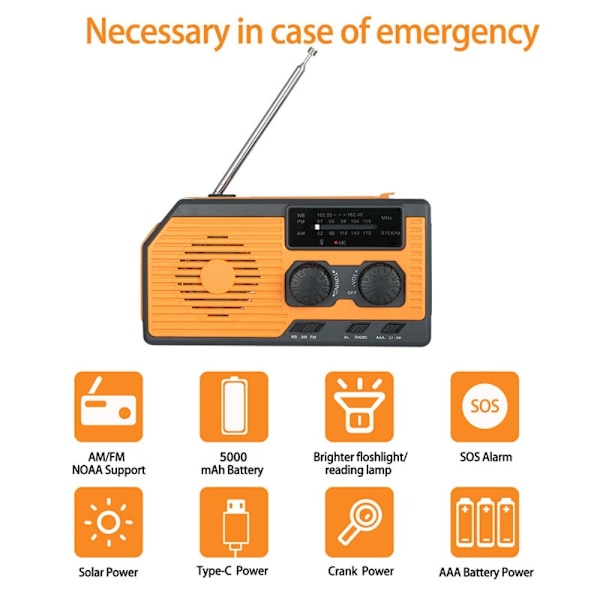 Handvev Radio Solar Light SOS Ficklampa Väderskanning Laddare Orange