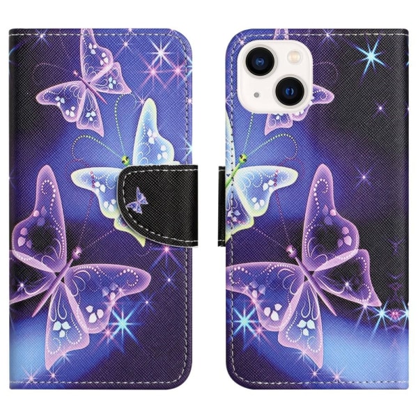 For iPhone 15 Wallet Stand Case Pattern Phone Cover -Butterflies Purple