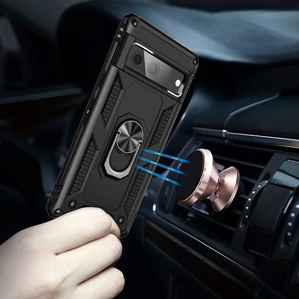Google Pixel 7 Stødsikker TPU+PC Kickstand Telefontaske Bilmonteret Metalplade - Sort Black