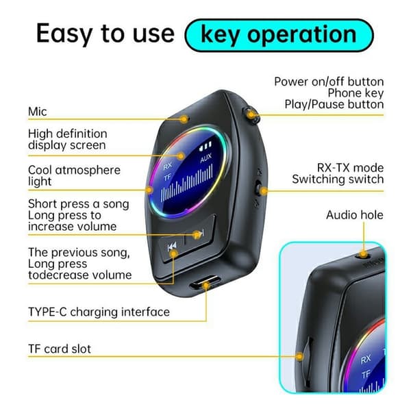 Bluetooth 5.4 lydmottaker/sender 2-i-1-adapter for trådløs lydstrømming Black