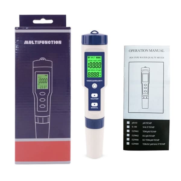 5-i-1 test for vann kvalitet EC pH TDS Temperatur Saltholdighet Grey