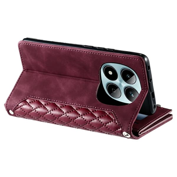 För Xiaomi Redmi Note 15 Pro 5G Zipper Wallet Case Rhombus Stitching Line Telefonfodral Röd
