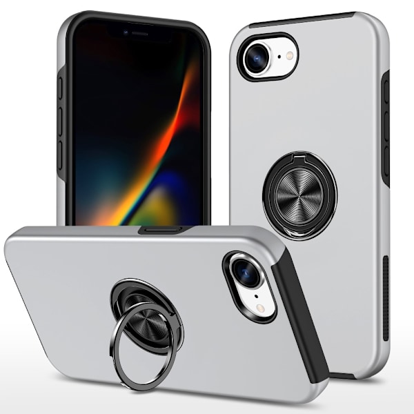 Til iPhone 16e Max Finger Ring Kickstand Hybrid Taske Silver