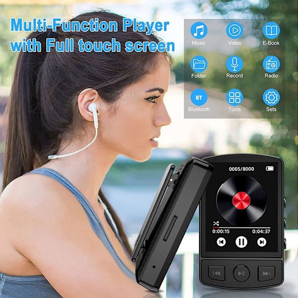 64GB Bluetooth MP3 MP4 musikvideoafspiller FM-radio 1,77-tommer skærm Black