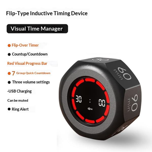 Timer Flip, visuell tidshantering, 7 nedräkningar, ljudlös, LED-indikator Svart