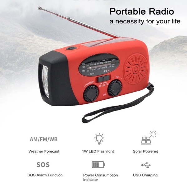 Håndsving Solar FM / AM Radio Lommelygte NOAA Power Bank Red