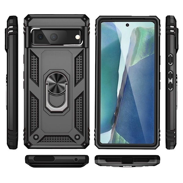 Google Pixel 7 Stødsikker TPU+PC Kickstand Telefontaske Bilmonteret Metalplade - Sort Black