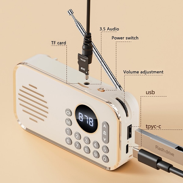 Bluetooth 5.0 FM Radio 3.5mm lydkabel TF Card U Disk Beige