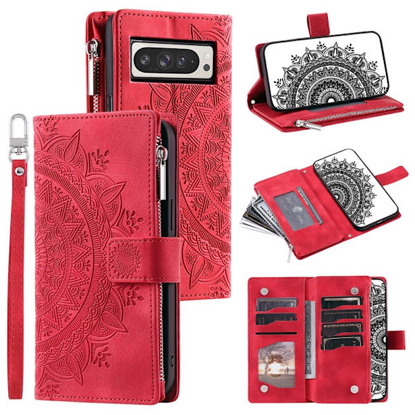 For Google Pixel 10 Pro XL  Lommebok Deksel Shell Mandala Blomstermønster Red