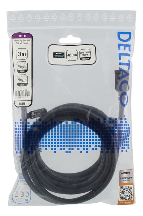 DELTACO HDMI 2.0 - kabel, HDMI Type A ha, guldpläterad, 3m Black