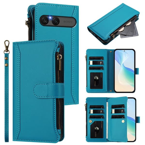 Til Sony Xperia 10 VII Etui med 9 kortpladser, lynlåspung og stativ - Lyseblå Light blue