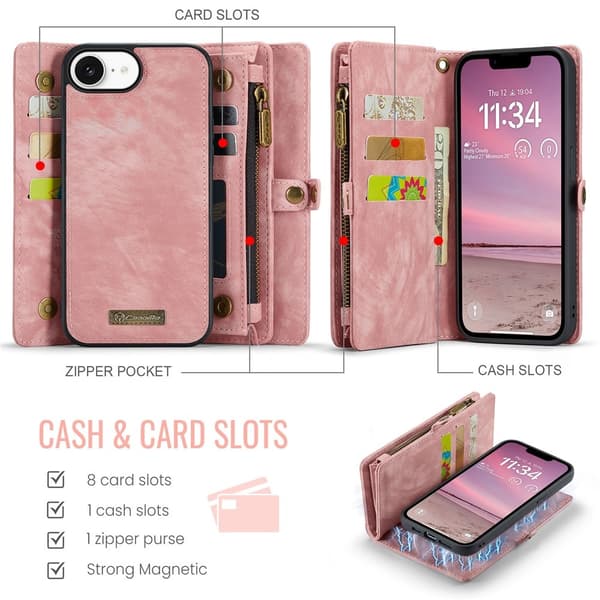 Til iPhone 17e og iPhone 16e Mobildeksel CASEME Avtakbar Lommebok med Stropp Pink