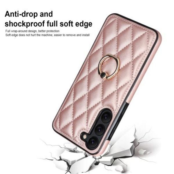 För Samsung Galaxy S23 Rhombus Grid Mönster Skal FingerRing - Rose Gold Rosa guld