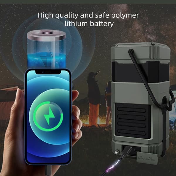 Nødradio, solpaneler, håndsving, Bluetooth, højttaler, lys, IPX5-vandbestandighed, SOS Green
