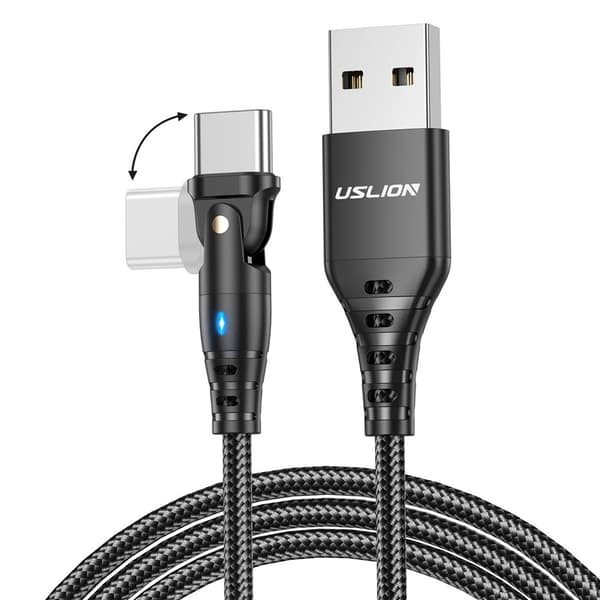 USB-A til USB-C ladekabel 1 m 180 graders roterende vinklet hode 3A Black