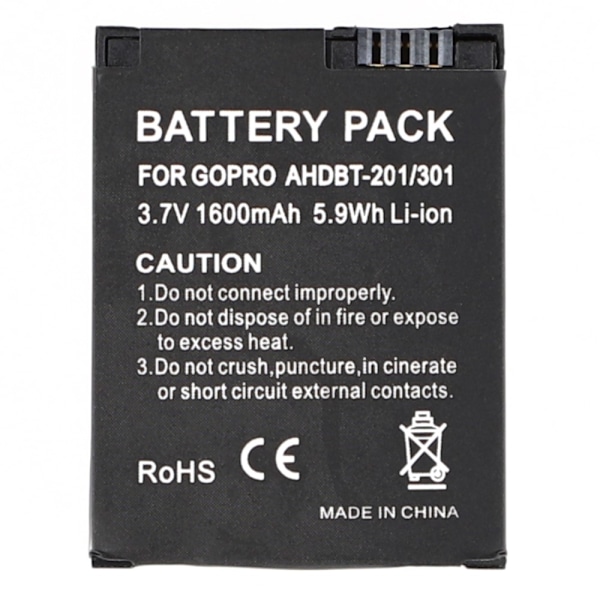 Batteri för GoPro Hero 3 Kamera 3.7V 1600mAh AHDBT-201 / 301 Ersättningsbatteri Svart